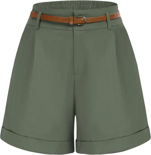 Vista 9 de Belle Poque Bermudas para mujer, cintura elástica, pantalones cortos de pierna ancha con bolsillos y cinturones Negro