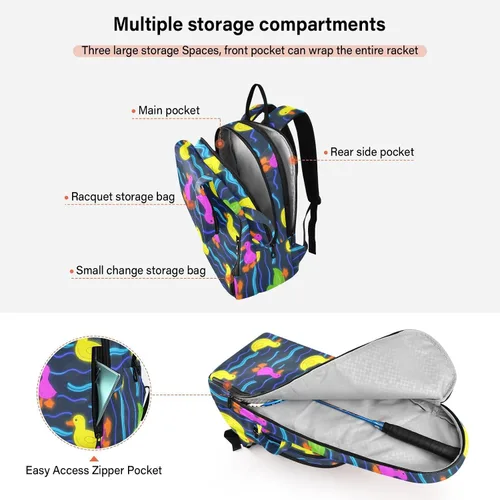 Vista 5 de Women Men Tennis Backpack Cute Sturdy Cute Animal Colorful Fluorescent Duckling 2 Rackets Padded Tennis Bag Gym Bag for Women, Men, Teenagers Tenis