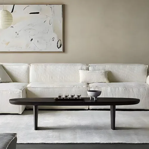 Vista 3 de RUNNUP Mesa de centro de madera negra ovalada, moderna, mesa de centro de decoración para sofá, mesa de cóctel para apartamento pequeño, sala