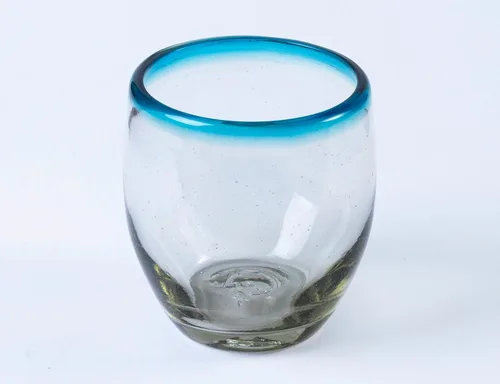 Vista 2 de Vasos mexicanos soplados a mano de 9 oz para beber - Juego de 6, 9 onzas líquidas cada uno, borde aguamarina