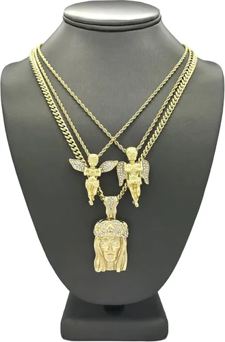 Vista 5 de Shiny Jewelers USA Juego de collar de cadena con colgante de Jesús dorado para hombre, manos rezando, Ankh, cruz, ángel hip hop