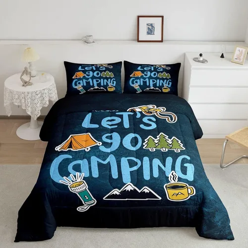 Vista 41 de Juego de ropa de cama con temática de cámper, juego de edredón de cabaña de madera marrón y verde, tamaño matrimonial, 3 piezas, decoración de Multi
