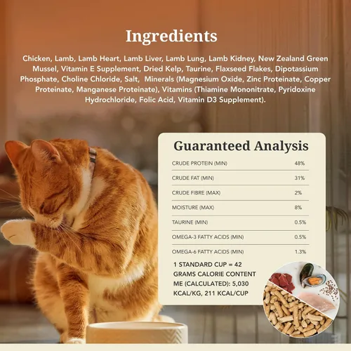 Vista 7 de Alimento para gatos seco de alta proteína Feline Natural, dieta liofilizada con 98% de carne, órganos y mariscos, sin guisantes, granos o aditivos
