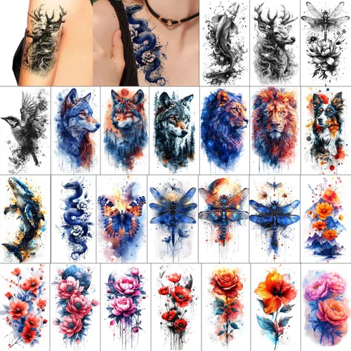 Vista 8 de GLARYYEARS - Tatuajes temporales para hombre, diseños realistas de animales en 3D 24 large waterproof fake tattoos. Painless 15-sec application