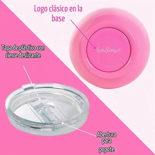 Vista 3 de Lilly Pulitzer Vaso aislado de 12 onzas con tapa, copa de vino de viaje de acero inoxidable rosa, taza de metal de doble pared, Sunny State of Mind