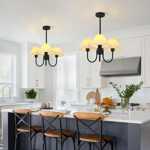 Vista 7 de KCO Lighting Lámpara Colgante Plisada Vintage de 3 Luces Araña de Techo con Pantallas de Lámpara Pequeña Araña de Tela Negra y Blanca para Sala