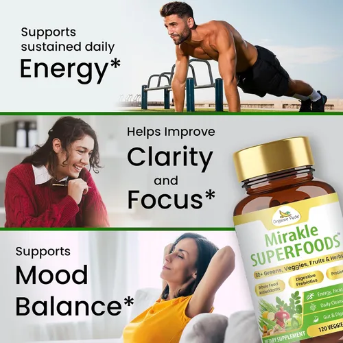 Vista 6 de Organic Veda Mirakle Superfoods - Cápsulas de verduras y verduras diarias con moringa, espirulina, clorella, cúrcuma y hierbas, antioxidantes