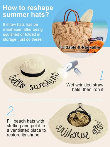 Vista 4 de Sombreros de sol para mujer, sombrero de playa de paja de ala ancha de Beige claro