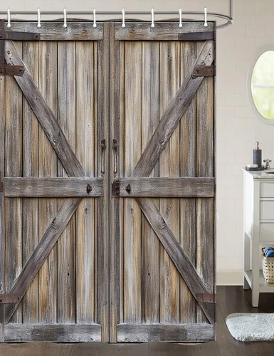 Vista 24 de JAWO Cortina de ducha rústica para puerta de granero, estilo occidental, para baño, tablero de madera marrón, tela impermeable de poliéster