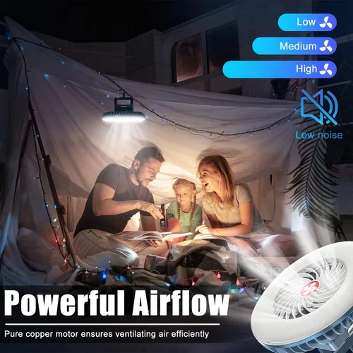 Vista 2 de Ventilador de camping portátil con linterna LED, recargable por USB, impermeable, ventilador de tienda de campaña con gancho para colgar, kits