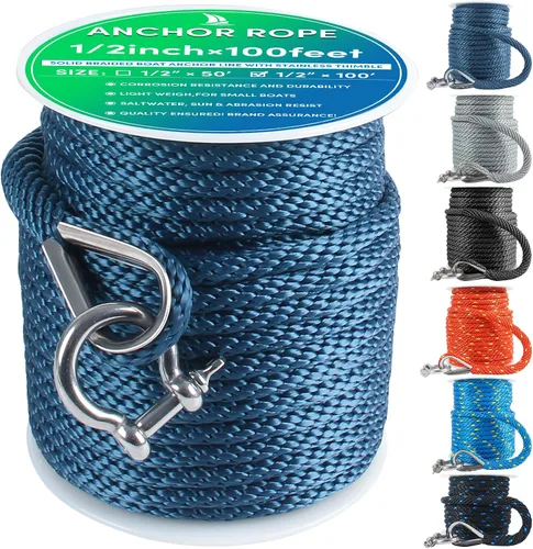 Vista 43 de Cuerda de anclaje premium de 50 pies x 1/2 pulgadas, línea de anclaje trenzada sólida MFP para barco con dedal y grillete - Negro