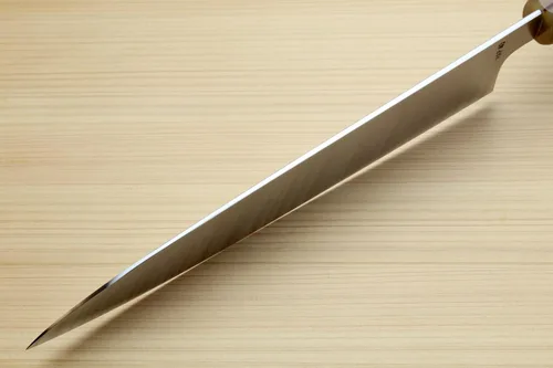 Vista 7 de Yoshihiro HAP40 Gyuto - Cuchillo de chef de acero inoxidable de alta velocidad, mango de ébano de triple anillo (9.5 pulgadas)