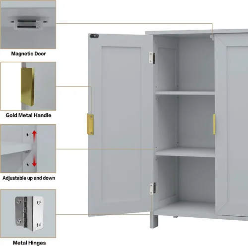 Vista 6 de TaoHFE Gabinete de almacenamiento de baño gris, gabinetes de baño independientes con 2 puertas, armario de toallas para baños, gabinetes de baño