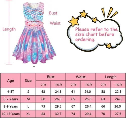 Vista 6 de Funnycokid Vestido de sirena para niñas, vestidos de verano sin mangas, vestido de cumpleaños, vestido de verano con vuelo, traje de 4 a 13 años