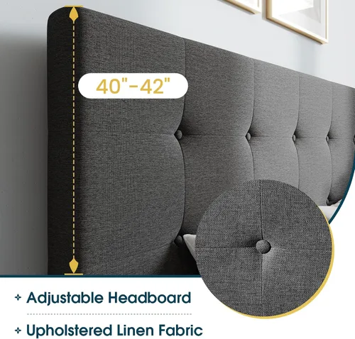Vista 35 de WEEWAY Base de cama de plataforma tamaño King con 4 cajones de almacenamiento, cabecera capitonada con botones de costura de diamante, base de Negro