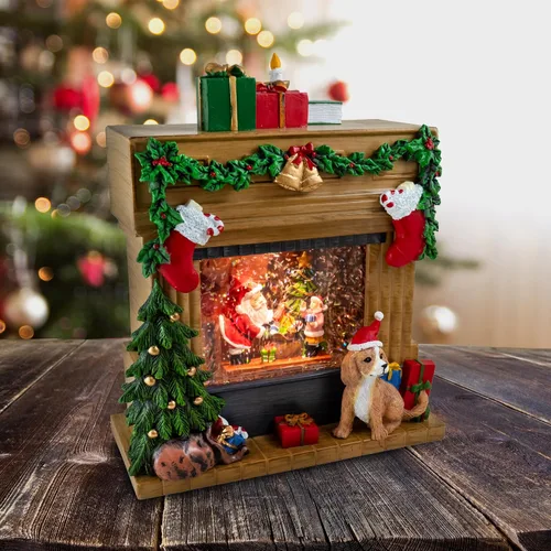 Vista 2 de Escena de Navidad con chimenea de Papá Noel con iluminación musical de The San Francisco Music Box