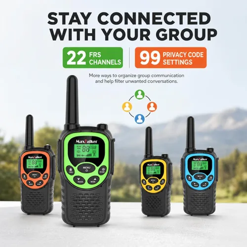 Vista 4 de Walkie Talkies - Paquete de 4 radios bidireccionales recargables FRS de Verde/Azul/Amarillo/Naranja