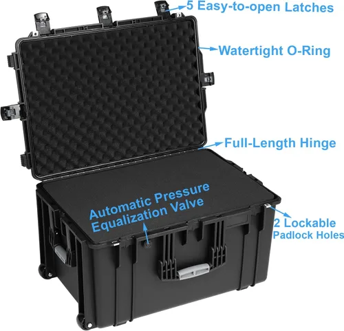 Vista 5 de Regetek Funda rígida impermeable con ruedas, espuma personalizable de 29 x 20.5 x 16 pulgadas, funda de transporte de equipo para cámara, dron