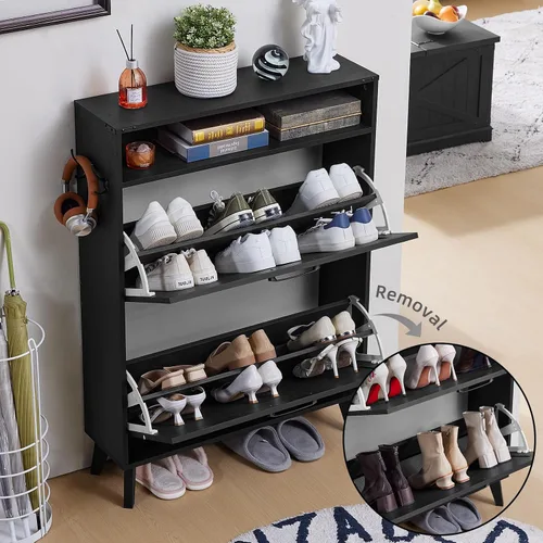 Vista 5 de Joaxswe Gabinete de Almacenamiento de Zapatos con 2 Cajones Abatibles, Organizador Estilo Granja para Entrada, Estante Oculto Estrecho con Patas