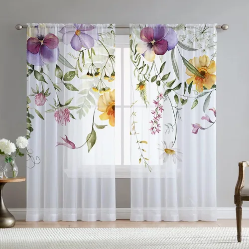 Vista 15 de Cortinas de hojas de eucalipto verdes para sala de estar de 63 pulgadas de largo, juego de 2 paneles elegantes de flores silvestres con estampado