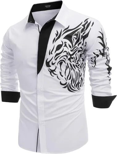 Vista 6 de COOFANDY Camisa de vestir con botones y estampado para hombre, camisas casuales de manga larga 02-blanco (Tiger)