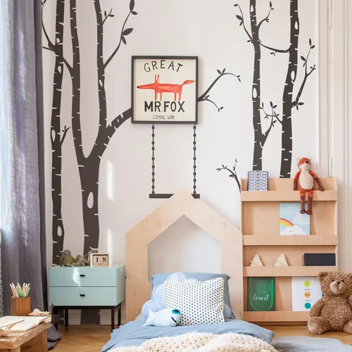 Vista 3 de Calcomanías de pared de árbol grande, arte de pared de bosque de abedul, despegar y pegar, calcomanías de pared para guardería, dormitorio, sala