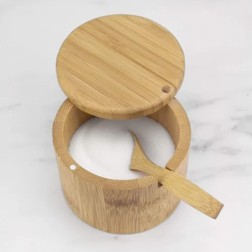 Vista 4 de Totally Bamboo Little Dipper - Caja de almacenamiento de bambú con tapa giratoria magnética, capacidad de 6 onzas, incluye cuchara de bambú