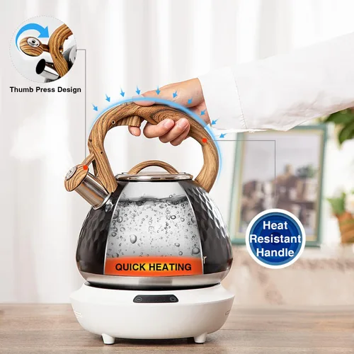 Vista 3 de Tetera, Tetera Silbadora Toptier con Mango de Patrón de Madera Silbato Fuerte, Tetera de Acero Inoxidable Grado Alimenticio para Estufas de Negro