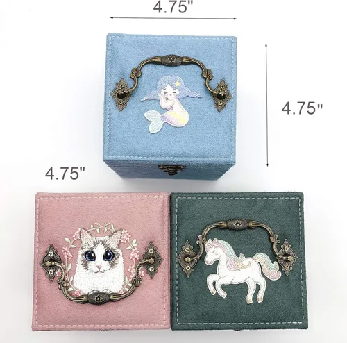 Vista 7 de Lemonadeus Organizador de joyas retro de terciopelo de 3 capas para mujeres y niñas pequeño joyero de viaje portátil aretes collares pulseras
