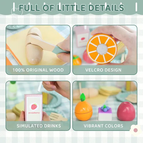 Vista 3 de Juego de picnic – Comida de madera para jugar – Juegos de comida para niños – Comida de simulación, comida de juguete con bolsa de almacenamiento