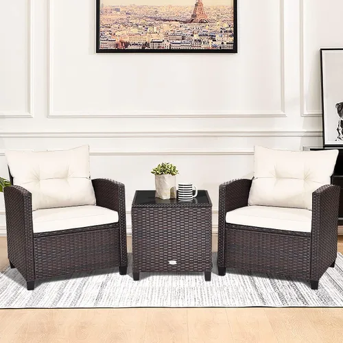 Vista 8 de Moderno juego de muebles de mimbre beige de 3 piezas para patio con cojines resistentes al agua y mesa de vidrio templado