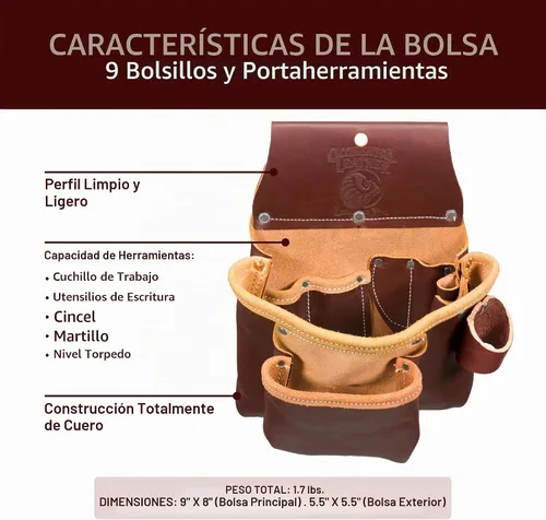 Vista 3 de Occidental Leather 2 Pouch Pro - Bolsa de herramientas - 9 bolsillos y portaherramientas - Fabricado en Estados Unidos