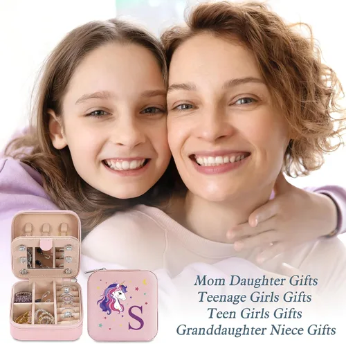 Vista 5 de Parima Organizador de joyas de viaje de unicornio - Pequeño joyero rosa con inicial para niñas y mujeres Regalo de cumpleaños personalizado Idea