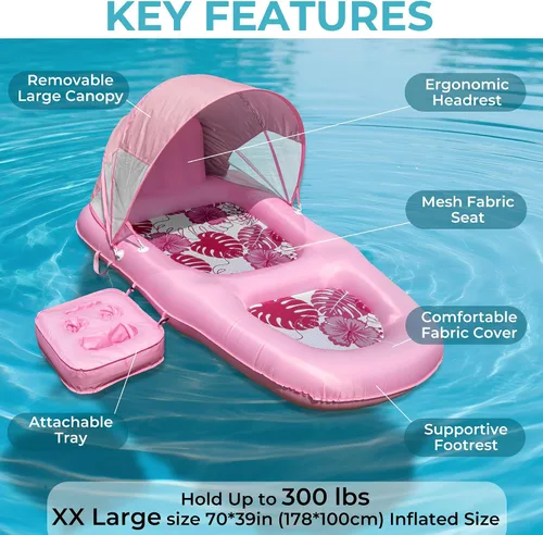 Vista 2 de Fabric Covered Inflatable Pool Lounger Float Adult, 70"x39" Extra Large Pool Float w/ UPF50+ Sunshade Canopy & Cupholder Caddy, Water Floaties Raft