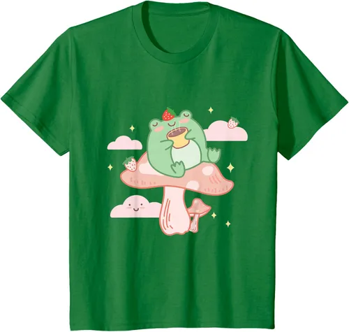 Vista 42 de Kawaii Strawberry Frog On Mushroom - Camiseta de manga corta de anime, Azul / Patchwork, S Azul Pastel