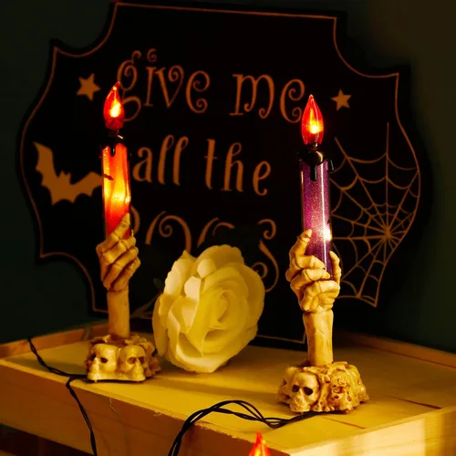 Vista 4 de WATERGLIDE Juego de 5 estacas de luz para velas de Halloween, diseño de manos de esqueleto, resistentes al agua, funciona