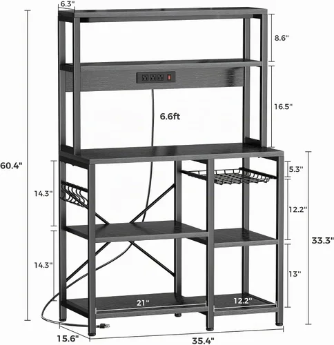 Vista 3 de SUPERJARE Estante de panadería con toma de corriente, barra de café de 35.4 pulgadas con canasta de alambre, soporte para microondas de cocina con 6