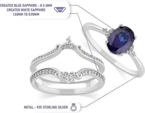 Vista 3 de Juego de anillos nupciales de zafiro azul creado y zafiro blanco creado para mujer, plata de ley 925, anillo potenciador de anillo para novia