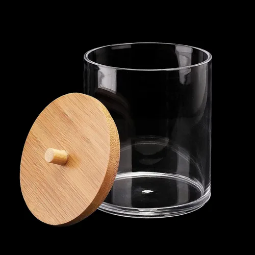 Vista 5 de Qtip - Dispensador de soporte con tapas de bambú y bandeja de tocador, recipientes de plástico transparente de 10 onzas para almacenamiento