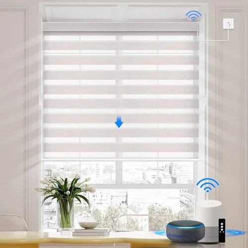 Vista 15 de Persianas motorizadas de cebra compatibles con HomeKit, Alexa, Google, persiana enrollable de doble capa con motor cableado Wi-Fi/Bluetooth, 110