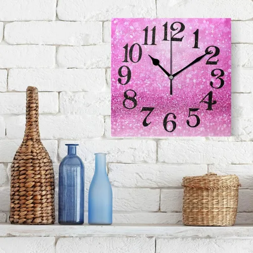 Vista 3 de Naanle Reloj de pared acrílico con estampado de purpurina rosa brillante, diseño de princesa para niña, redondo, cuadrado, diamante, pintura al