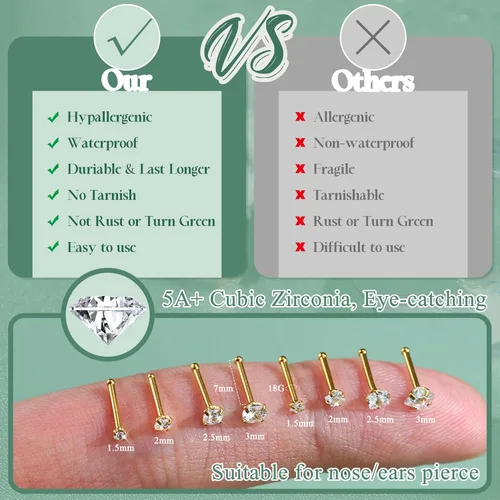 Vista 2 de Jstyle Anillos de nariz hipoalergénicos de acero inoxidable quirúrgico de 0.61 oz y 0.78 onzas (0.63 oz), 0.71 oz, circonita cúbica, piercing