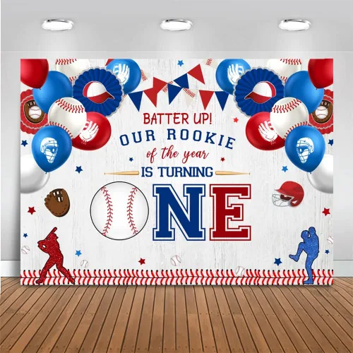 Vista 3 de Mocsicka Telón de fondo de béisbol para el primer cumpleaños para niño con texto en inglés "My Rookie Year", decoración de fiesta de béisbol novato