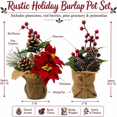 Vista 5 de BANBERRY DESIGNS Juego de 2 centros de mesa navideños para mesas, arreglos de mesa navideños con piñas, bayas rojas y vegetación, plantas rústicas