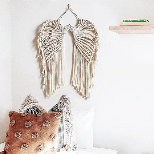 Vista 3 de WAQIA HOME Tapiz de macramé para colgar en la pared, macramé tejido bohemio con borlas largas, algodón bohemio hecho a mano, decoración del hogar
