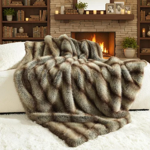 Vista 24 de Manta de felpa de piel sintética de lujo con patrón azteca, súper cálida, esponjosa, elegante, mullida manta decorativa para sofá, sillón, sofá