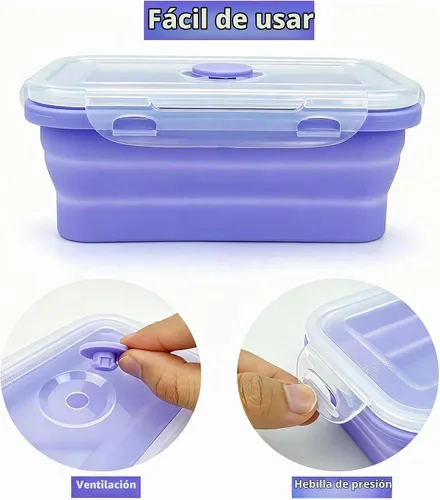 Vista 5 de Contenedores plegables morados para preparación de comidas, cuencos de campamento, caja Bento de silicona con tapa de plástico hermética, apto