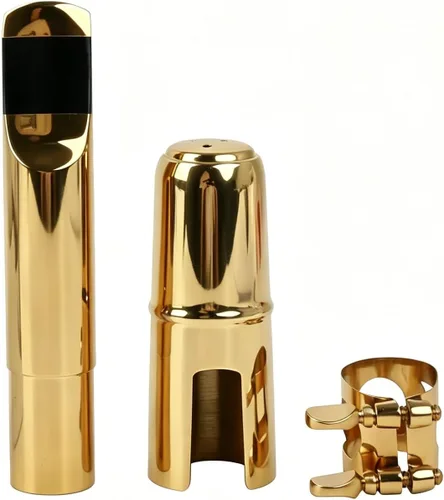 Vista 6 de Yibuy Boquilla de saxofón tenor B-flat de latón chapado en oro con ligadura de tapa 7 #