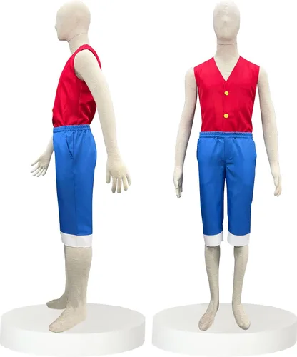 Vista 4 de MRHALLCOS Disfraz de Luffy de una pieza para cosplay, abrigo rojo, pantalones cortos azules