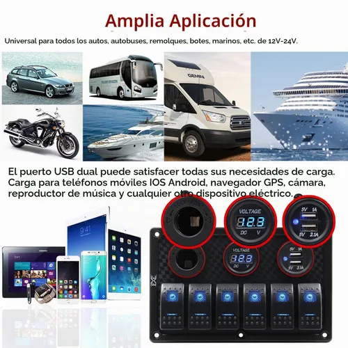 Vista 7 de Panel FXC impermeable, con ranura de doble puerto USB, fusibles de 4.2 A, visualización digital de voltaje, toma de encendedor y 4, 6 u 8 tipos